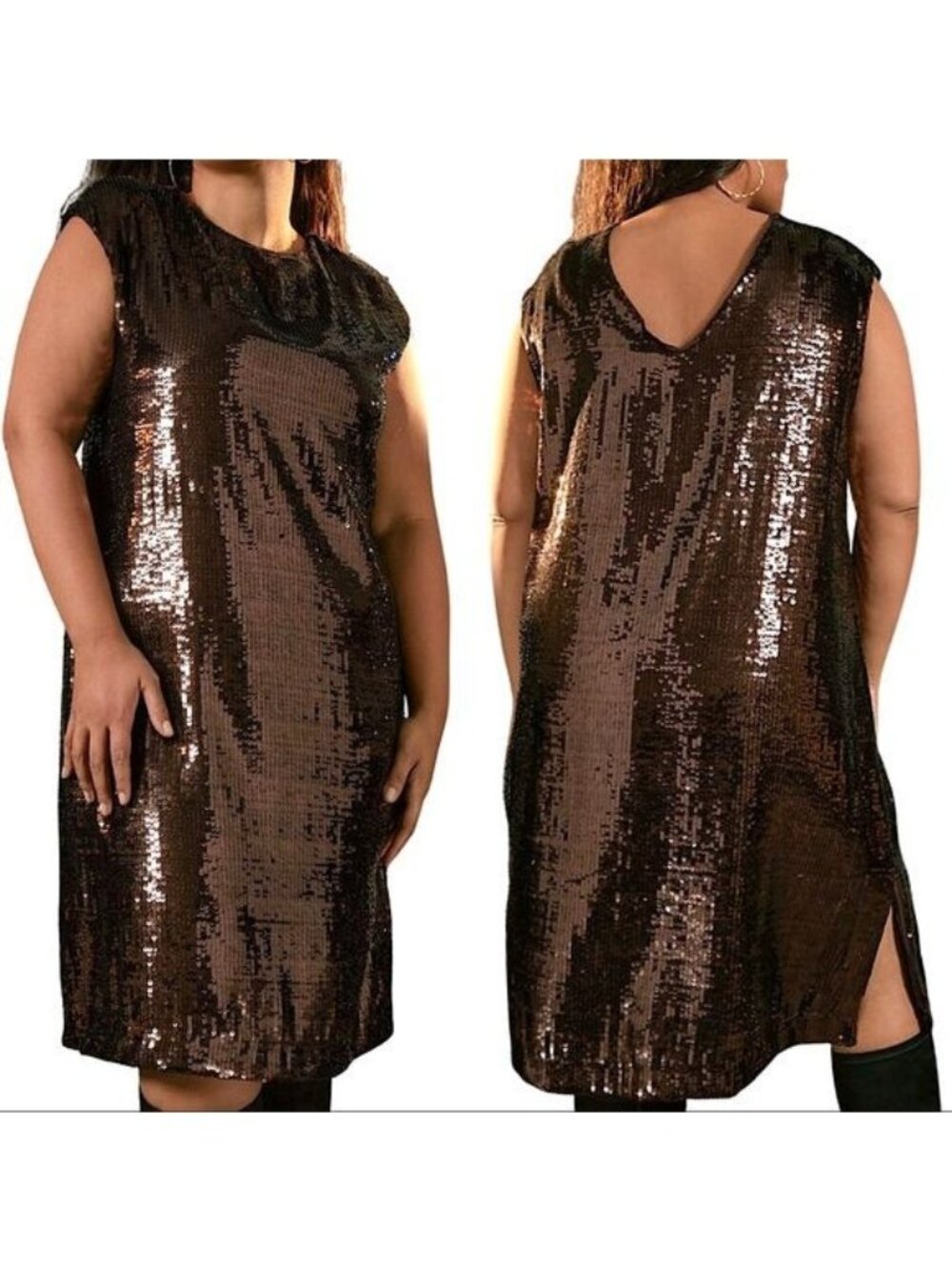 Maeve Anthropologie Brown Sequin Dress Large Mini Knee Length